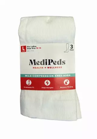 #6-MP-1724882 Women’s MediPeds White Compression Knee High Socks (Size 6-10) – $1.50 per pack (12 Packs)
