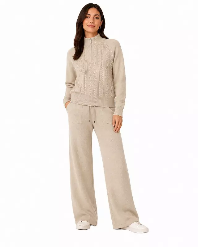Cable-Knit Quarter-Zip Sweater & Wide-Leg Lounge Set #101 — Beige / S/M-L/XL