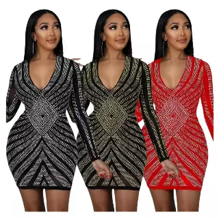 Chicaluv - Women's Long Sleeve Mesh Rhinestone Bodycon Party Dress – Sexy Clubwear