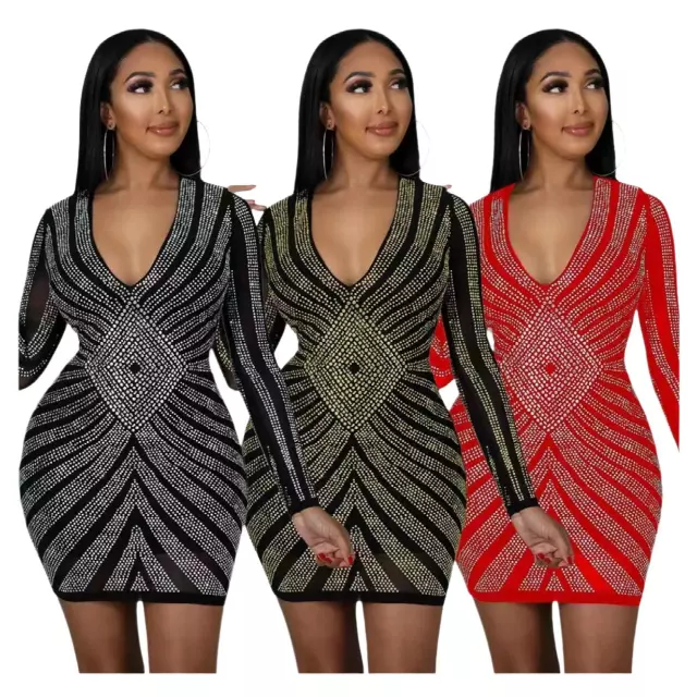 Chicaluv - Women's Long Sleeve Mesh Rhinestone Bodycon Party Dress – Sexy Clubwear
