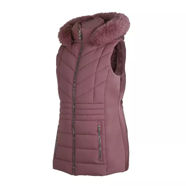 Women’s Solid Berber Lined Puffer Vest with Detachable Faux Fur Hood and Expandable Sides - Style #HDLV01X - $15.00/Unit 12 PC — S-XL (WHOLESALE) / Mauve