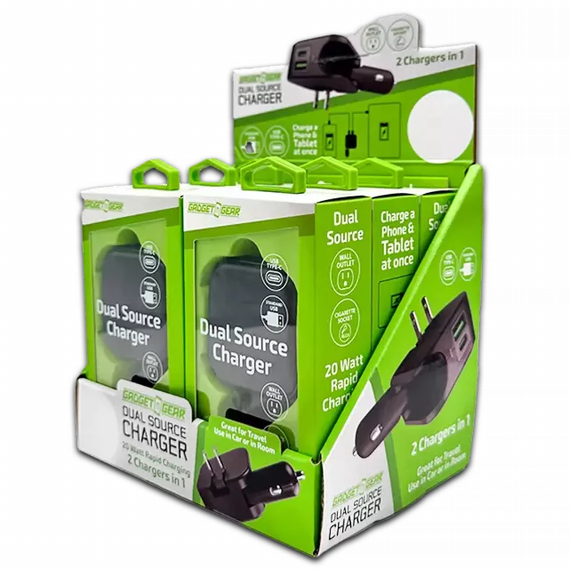 Car Charger and Wall Charger Combo Dual Port USB / USB-C 3.1 Amp - 6 Pieces Per Retail Ready Display 23764