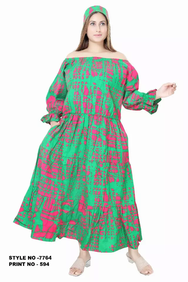 7764 -Off Shoulder Midi Dress in Ankara Prints - $25.00 Each (3 pcs per pack) — Free Size / Print-594