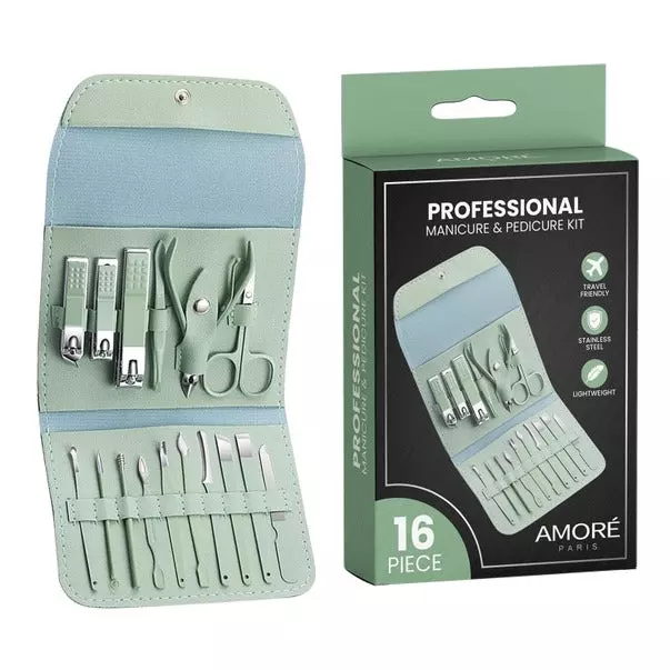 Stainless Steel Professional 16-Piece Manicure Pedicure Set — Green