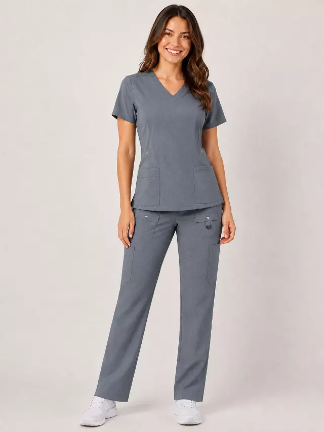 Vivian | 6-Pocket Top and Snap Pocket Straight Leg Pant Set — Heather Graphite / XS