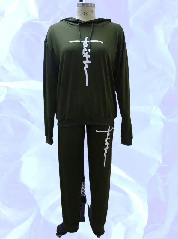 22125 -2 pcs Faith Jogging Suit -Lots of Colors Available- $25.00 Set (3 pcs per pack) — Reg - M L XL / Olive