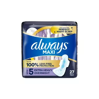 Always Maxi Size 5 Overnight Absorbency Unscented with Wings, 27 Count CASE PACK 6