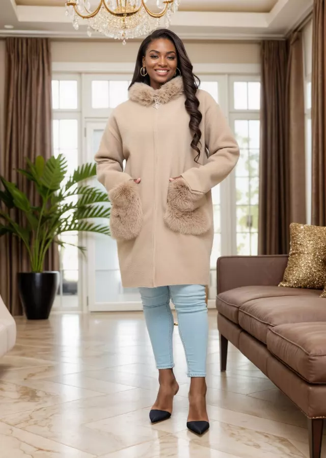 25047 - Women's Elegant Fur Zipper Hooded Sweater ($30.00 Each) — Khaki / One Size Fits Most
