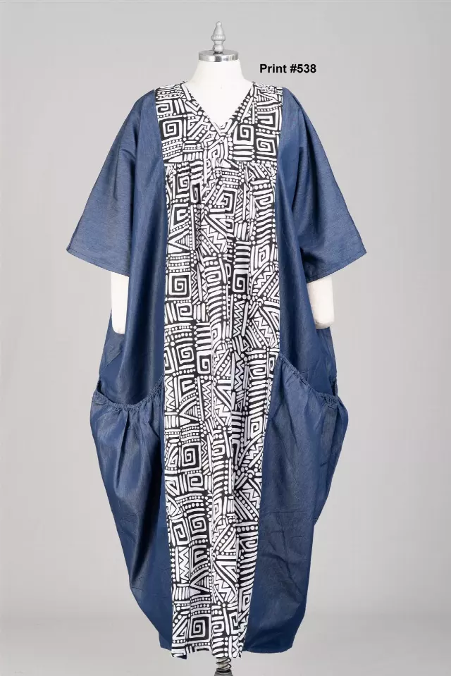 7650D Authentic African Print Panel and Denim Dress (3 PCS PRE-PACK) - $28 EACH — One Size (4-24) / Print-538