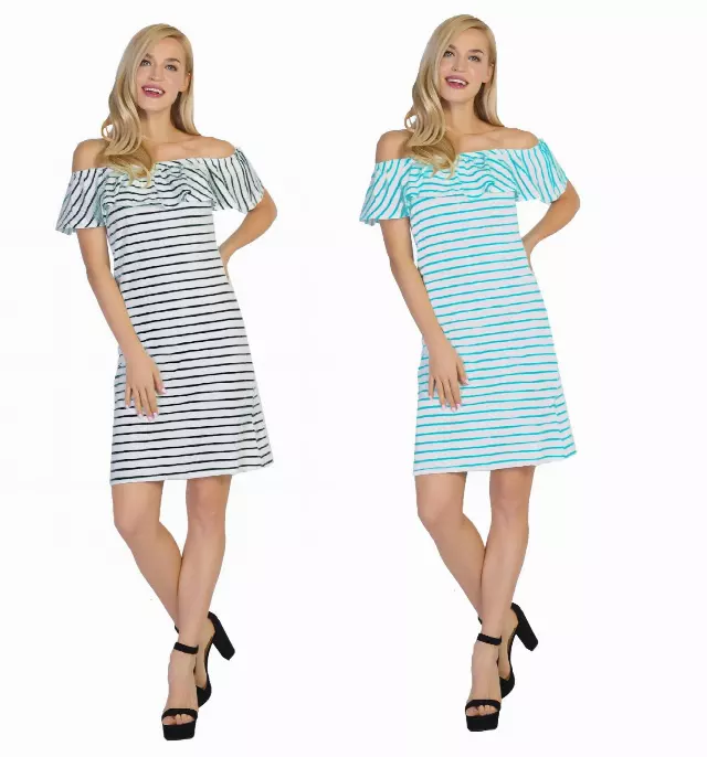 CHH-17019- Off-the-Shoulder Short Striped Scuba Sheath Dress with Ruffle- One Size (6-PCS PRE-PACK)