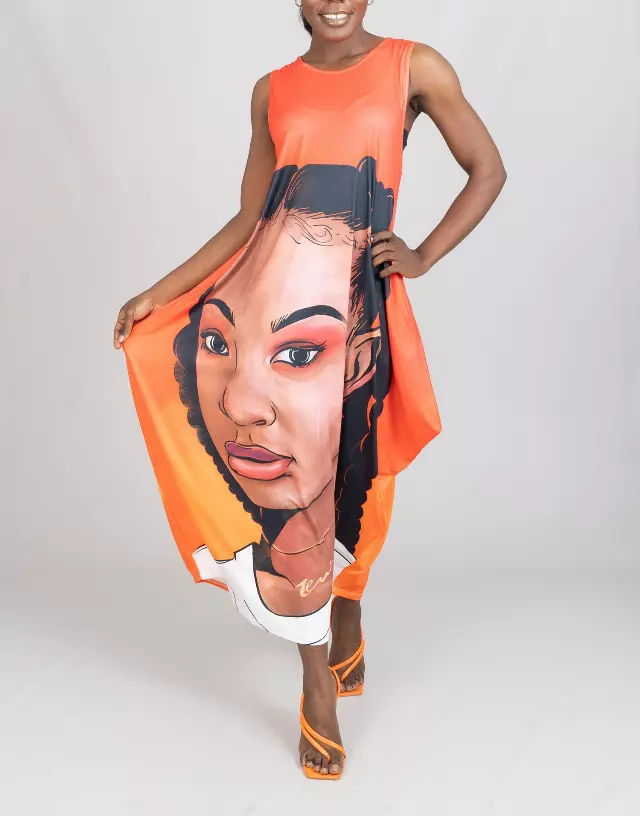 23021- Women's Plus Size Maxi Dress Digital Face-Print Knit Maxi Dress - One Size (3-PCS PRE-PACK) ($20.00 Each)