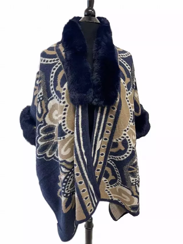 TX501 Faux Fur Pattern Cape — Navy