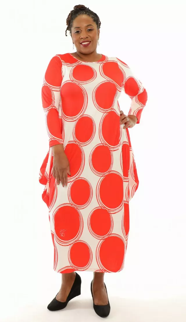 CHH22094 ON SALE!!!Circle Print Knit Maxi Dress- One Size (3-PCS Per Pack) ($12.00 Each) — 3-Pcs PRE-PACK / RED/WHITE