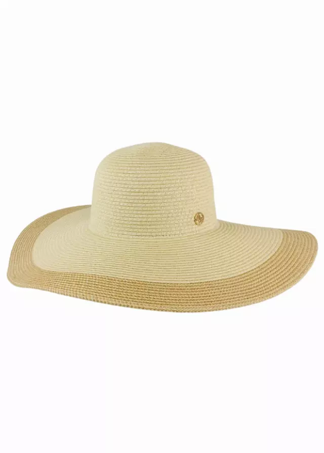 Adrienne Vittadini Large Brim Straw Color Block Floppy Hat — NATURAL/TOAST
