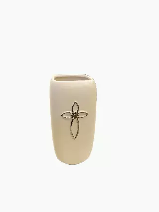 CPX2015 – 8.25” tall Ivory ceramic vase with silver cross – Min 12 pcs – Case pk 12