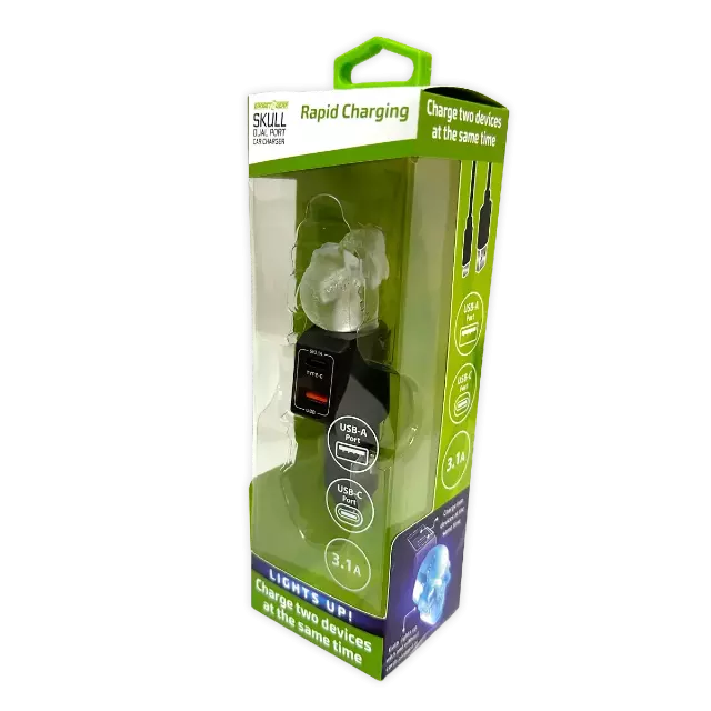 Car Charger Dual Port USB / USB-C LED Skull 3.1 Amp - 3 Pieces Per Pack 41785