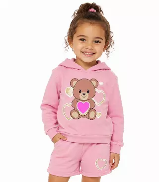Girls Teddy Bear Hooded Fleece & Heart Shorts Set – 7490902