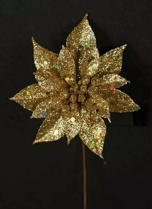 XP1012gold – 4” Sparkle/Glitter poinsettia pick “dz”