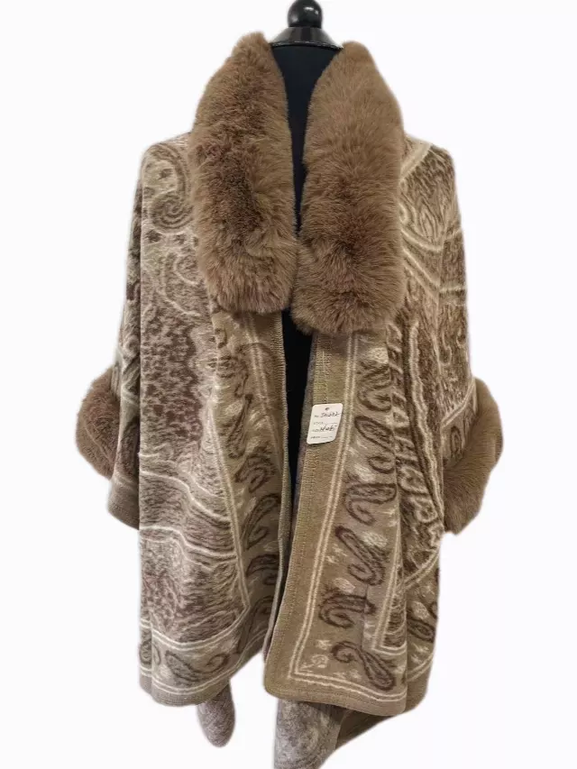 TX502 Faux Fur Paisley Pattern Cape — khaki
