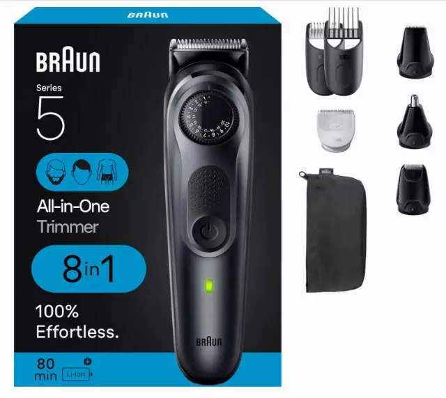 Braun All-in-One Style Kit Series 5 5480, 8-in-1 Trimmer for Men with Beard Trimmer, Body Trimmer for Manscaping, Hair Clippers & More, Ultra-Sharp Blade, 40 Length Settings,