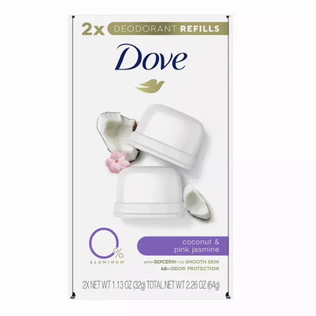 Dove Refillable Deodorant Refill Kit Deodorant For Women Coconut & Pink Jasmine 0% Aluminum 1.13 oz 2 Refills