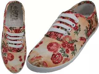 W6502 - Wholesale Women's "Easy USA" Canvas Lace Up Shoes — Beige Rose Printed (W6502) / 6-11 Assorted