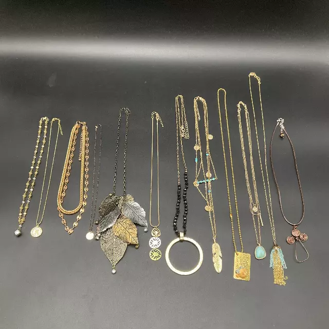 Mixed Costume Jewelry Necklace Lot 12 Boho Leaf Tassel Cherished Teddies 1998