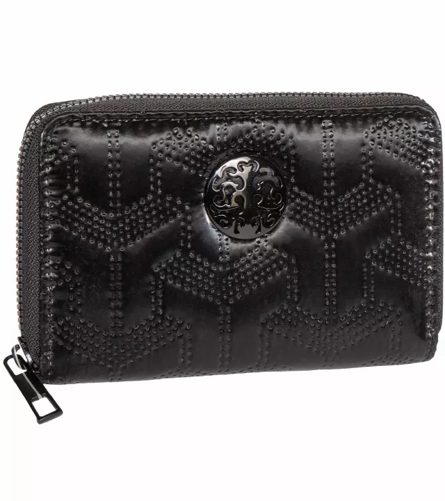 Rebecca & Rifka Patent Geometric Quilt Medallion Zip Indexer Wallet — BK/BK