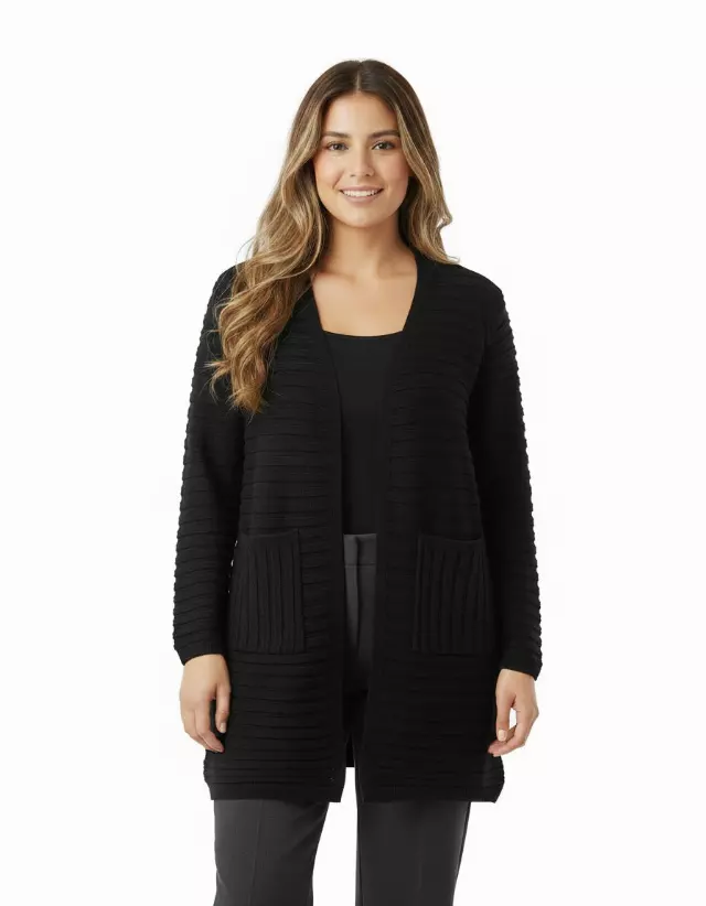 Open Front Cardigan with Horizontal Ribbed Knitting — Black / S-M-L-XL-2XL