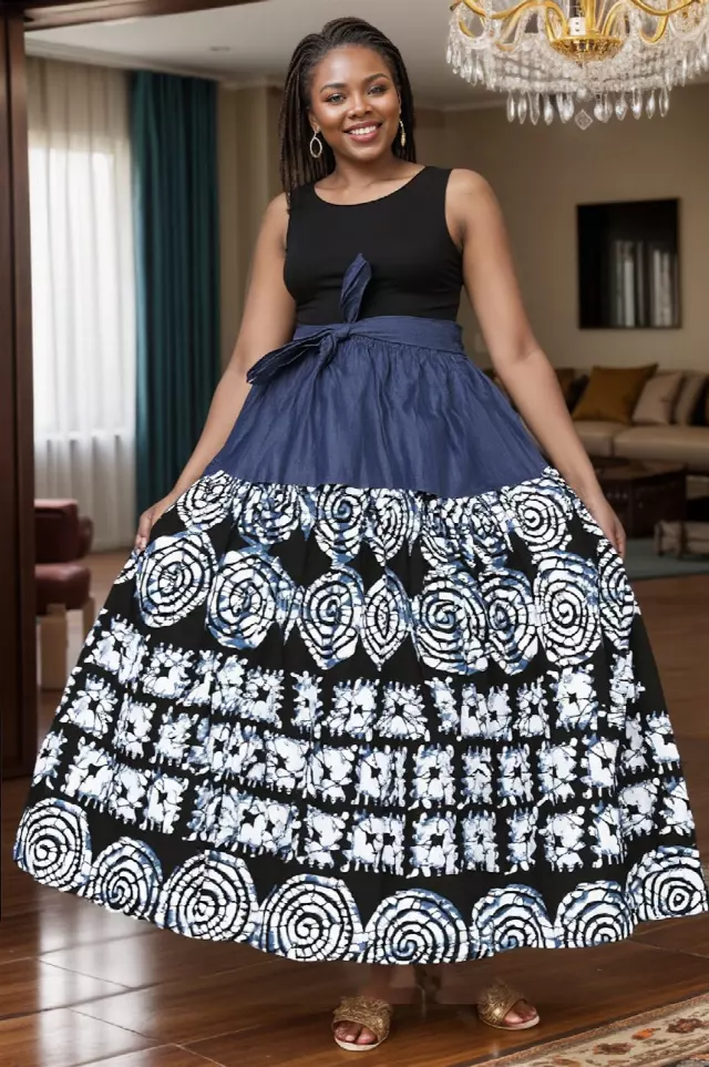 7837 - ON SALE!! DENIM/PRINTED SKIRT - Authentic African Wax (3-PCS PRE-PACK) - $12 Each — One Size / Print-632 / 3-Pcs Per Pack