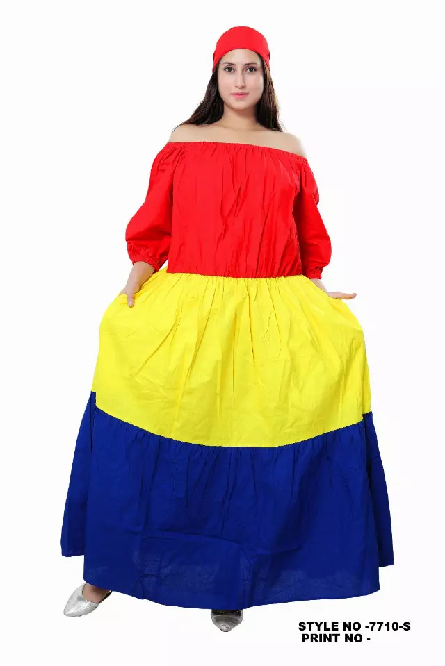 7710 - KillerSALE!!! - Three Tiered Off Shoulder Elastic Waist Dress (3/pk) - Free Size - $10 Each — Red/Yellow/Blue
