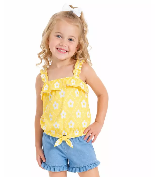 GIRLS PINK Top Ruffle on Straps Neck and Bow with Denim Short Set - 2180202R