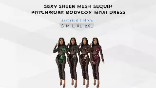 Women’s Sequin Mesh Bodycon Maxi Dress – Long Sleeve Eveningwear