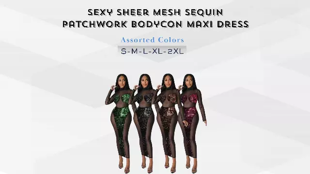Women’s Sequin Mesh Bodycon Maxi Dress – Long Sleeve Eveningwear