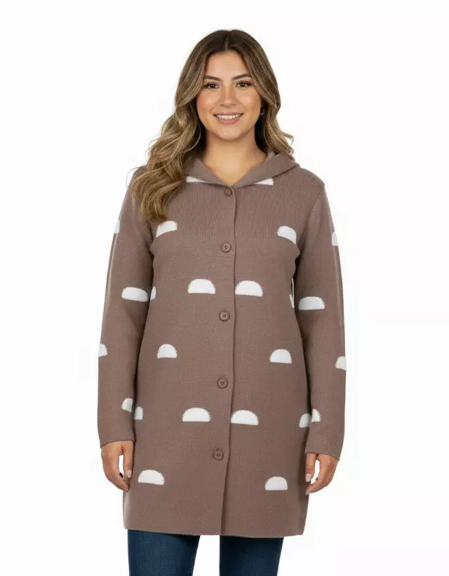 Button-Down Cardigan With Half-Moon Pattern — Taupe / S-M-L-XL-2XL