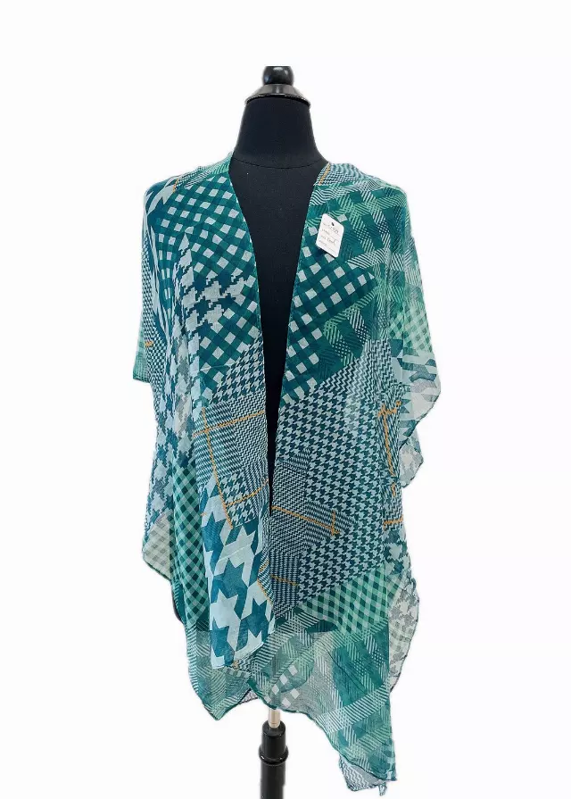 C1079 Multi Pattern Spring Kimono — Teal