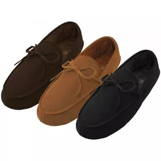 M080004 - Men's Leather Upper Moccasins Insulated House Slippers — Assorted - Black, Beige & Brown (M080004-A) / 7-13 Assorted