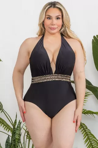 P2110 Plus Size Deep V Swimsuit — Black