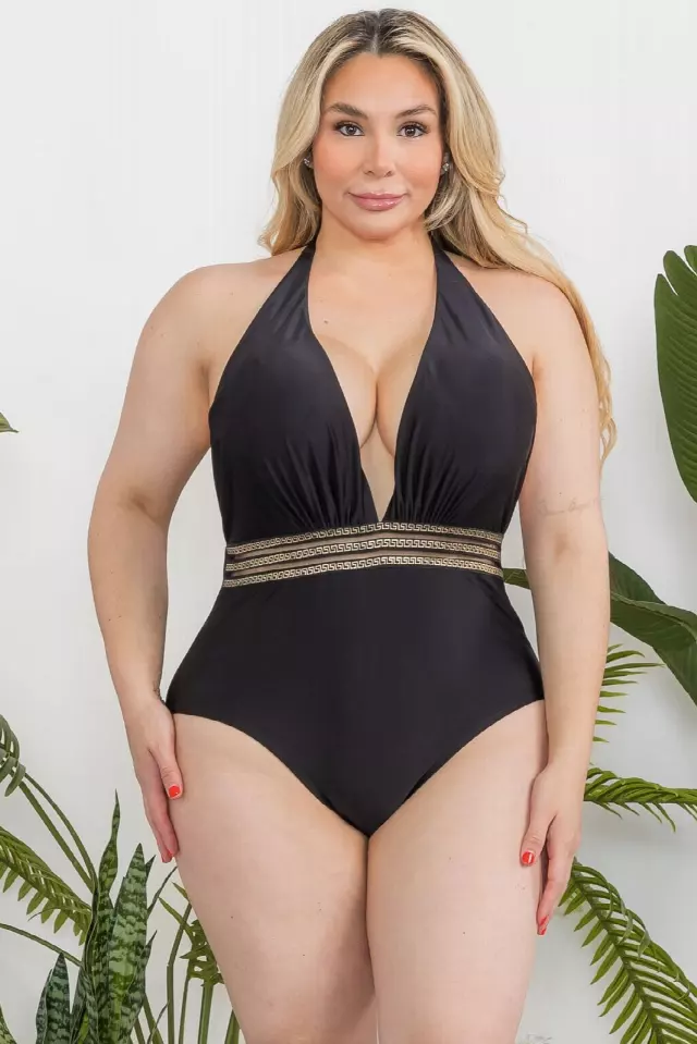 P2110 Plus Size Deep V Swimsuit — Black
