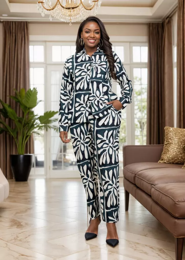 25054 - 2-Pcs Button Down Collared Top & Pant Set - $25.00 Each (3 pcs per pack) — Black