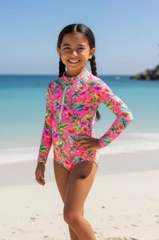H3114 Long Sleeve Tropical Rash Guard Kids — Floral / 10