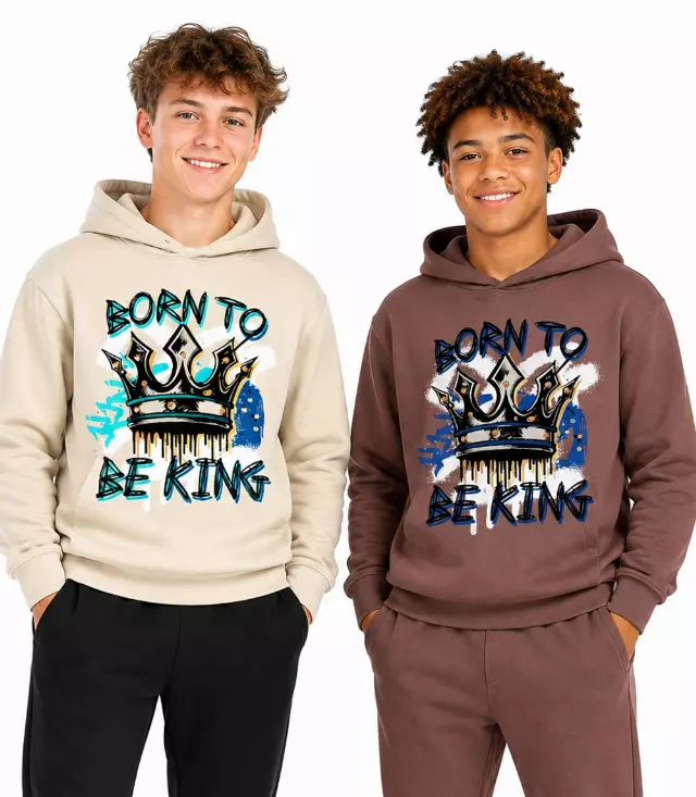 S1OPE Born To Be King Screen Print w Rhinestone Pull On Hoodie & Jogger Set – 8174588