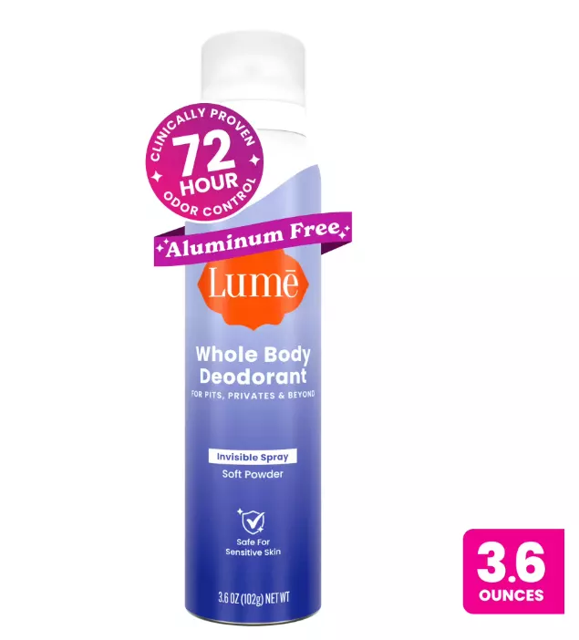 Lume Whole Body Deodorant for Women, Spray Deodorant, Aluminum Free, Soft Powder, 3.6 oz