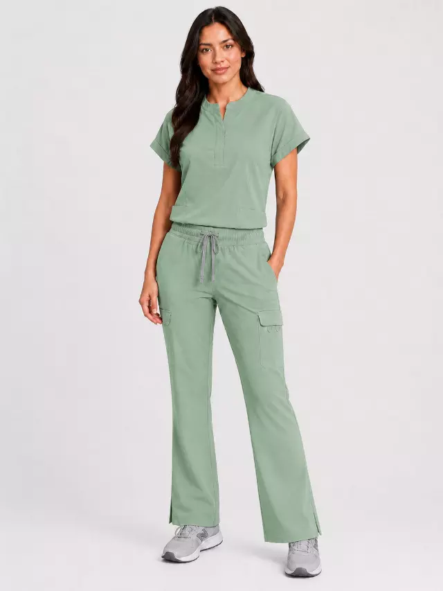 Rhea | Mandarin Collar Top with 10-Pocket Boot Cut Pant Set — Mint Pistachio / M