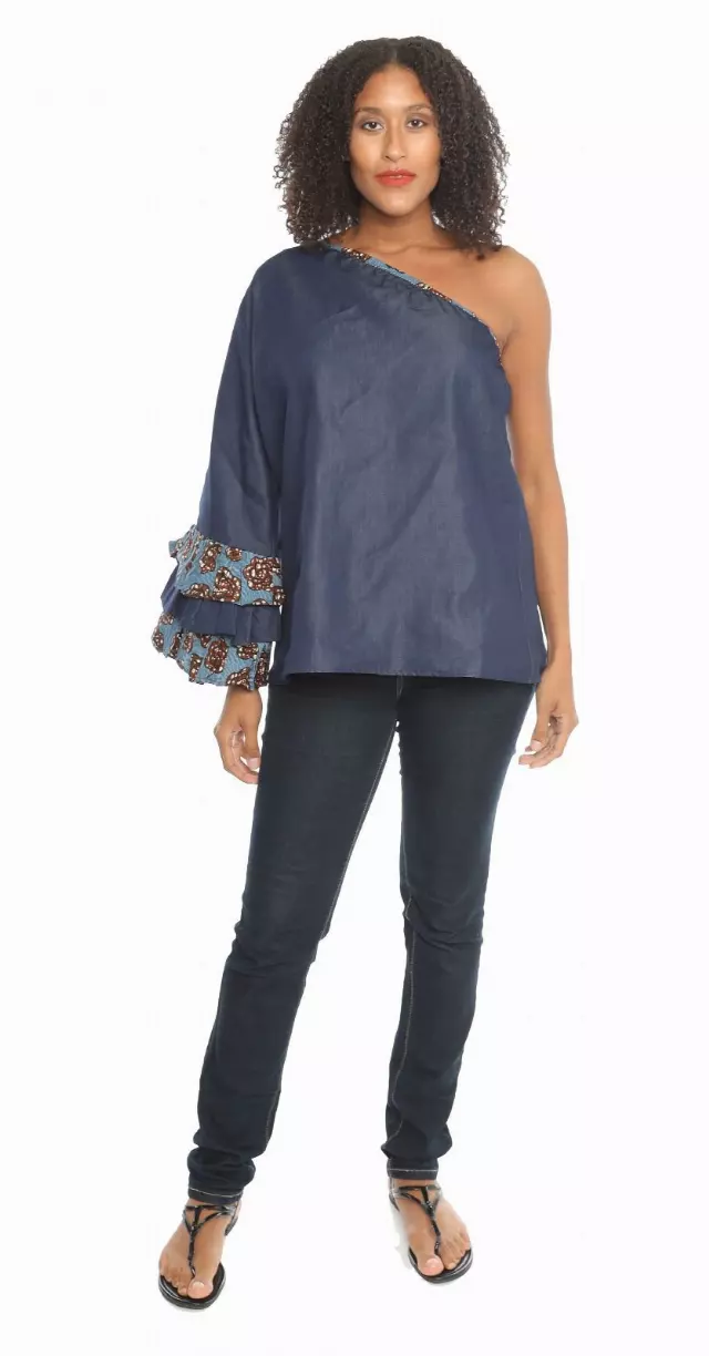 433D- ON SALE. Denim Off Shoulder Top (3pcs PRE-PACK) ($10 Each) — FREE SIZE / Print-380
