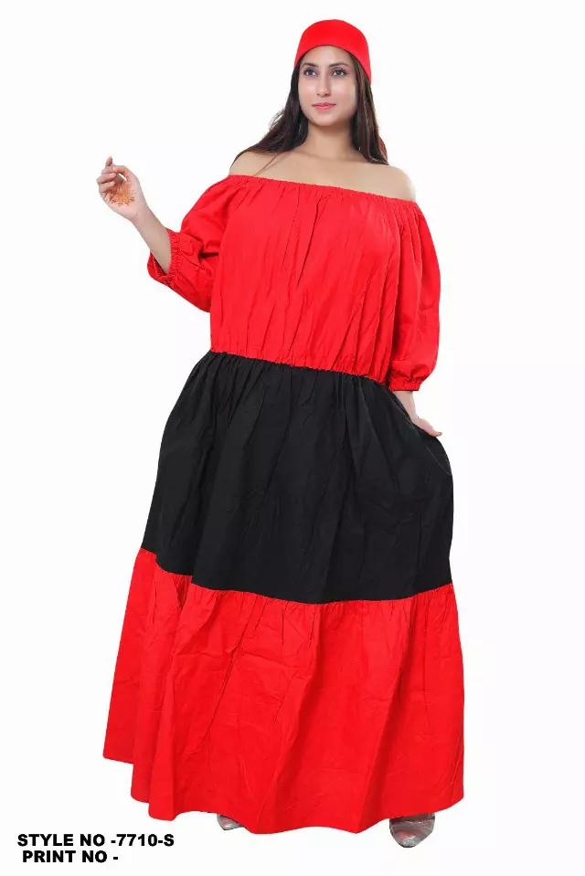 7710 - KillerSALE!!! - Three Tiered Off Shoulder Elastic Waist Dress (3/pk) - Free Size - $10 Each — Red/Black/Red