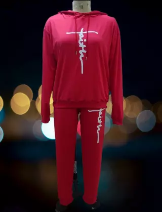 22125 -2 pcs Faith Jogging Suit -Lots of Colors Available- $25.00 Set (3 pcs per pack) — Plus - 1X 2X 3X / Red