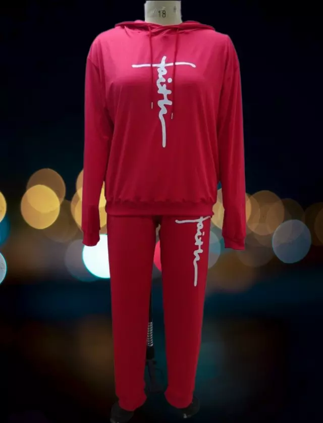22125 -2 pcs Faith Jogging Suit -Lots of Colors Available- $25.00 Set (3 pcs per pack) — Plus - 1X 2X 3X / Red