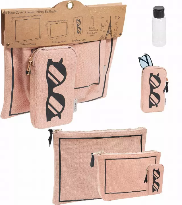 La L'Amour 16oz Cotton Canvas 3 Piece Toiletry Packing Set With Sunglasses Case — 038-BLUSH