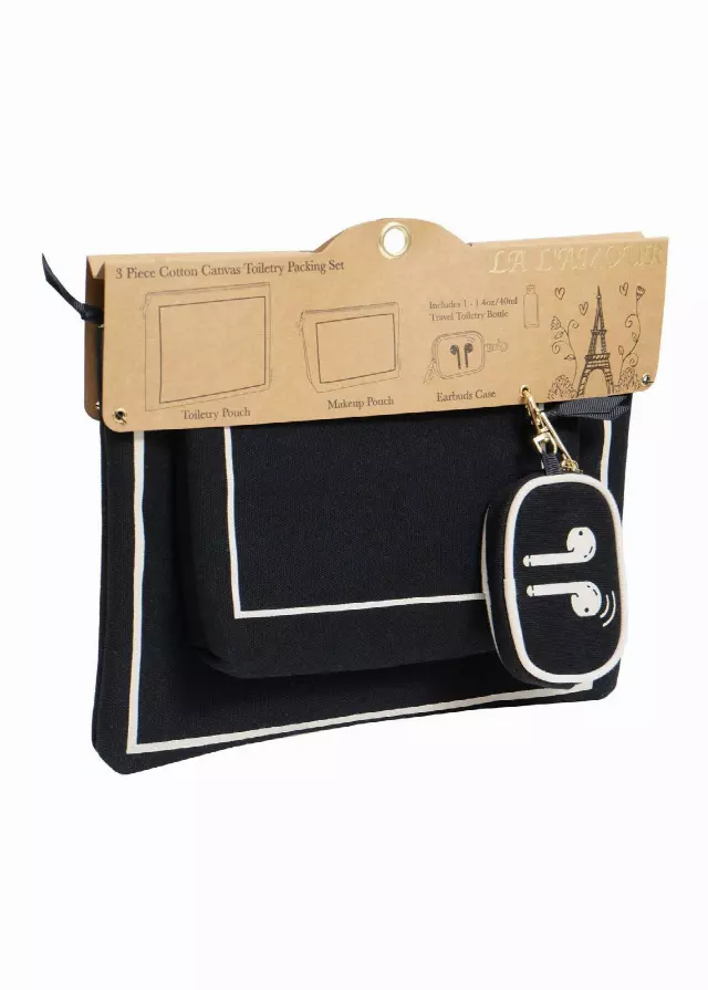 La L'Amour 16oz Cotton Canvas 3 Piece Toiletry Packing Set With Earbuds Case — 100-BLK